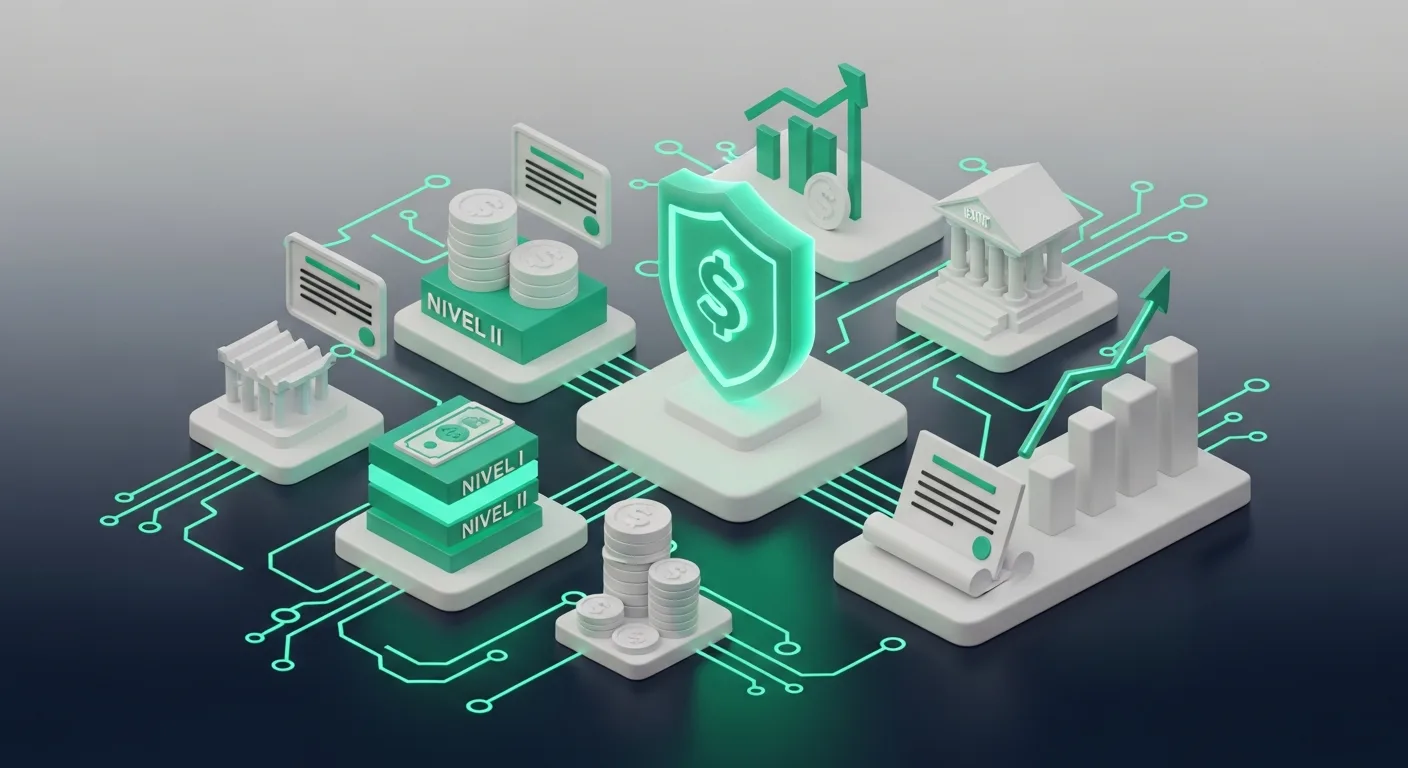 Ilustração 3D mostrando escudo verde e blocos de capital empilhados representando o Patrimônio de Referência de uma IF