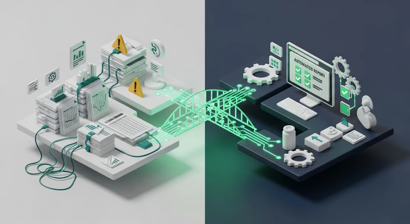 Contraste 3D entre processo manual caótico de relatórios BACEN e automação digital organizada para IFs Segmento 5